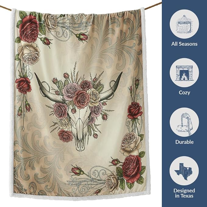 Paseo Road Indigo Hill by HiEnd Accents Rowena 54x68 Throw Blanket | Longhorn Campfire Design with Floral Bull Skull Print, Soft Western-Style Fleece Throw for the Couch, Sofa, or Bed