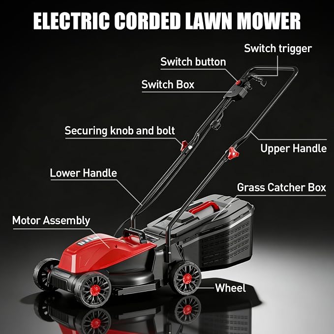 Baotree 12Amp 14" Corded Lawn Mower, 3-Height, 2-in-1 Mulch & Bag | Corded Electric, Lawn Care