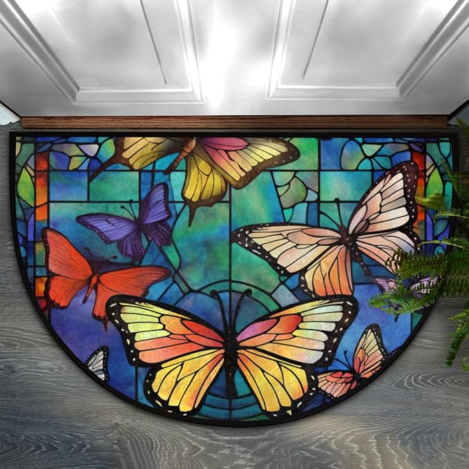Half Round Door Mat Butterflies Portuguese Intdoor Entrance 36x24 Inch, Non-Slip Welcome Mat for Outdoor Semi Circle Bathroom Floor Rugs,House Entry Way Heavy Duty Doormat for Kitchen Living Room