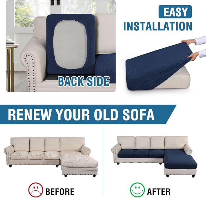 H.VERSAILTEX Sectional Couch Covers 4 Pieces Sofa Seat Cushion Covers L Shape Separate Cushion Couch Chaise Cover for Both Left/Right Sectional Couch (Seat Only: 1 Chaise + 3 Sofa, Navy)