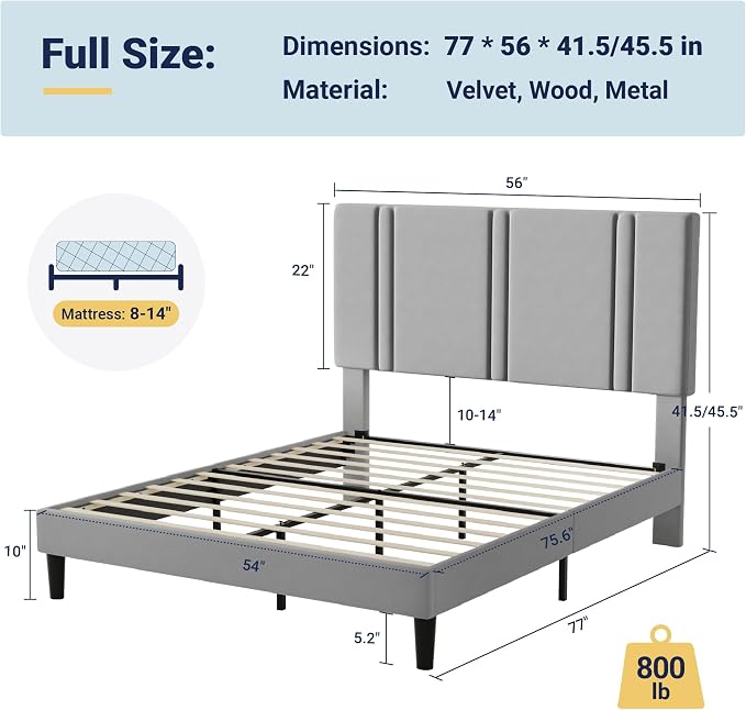 Allewie Full Size Platform Bed Frame with Adjustable Headboard | Plush Velvet Upholstered, Vertical Channel Tufted, Sturdy Wood Slats, No Box Spring Needed, Easy Assembly, Grey