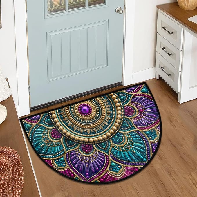 Mandala Half Round Door Mat Semi Circle Rug Half Moon Doormat | Soft Washable Beautiful Ethnic Welcome Entrance Mat for Outdoor Indoor Floor Bedroom Bathroom Home Kitchen Festival Decor