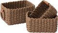 LA JOLIE MUSE Small Wicker Baskets for Organizing, Brown 3 Pack | Decorative Organizer with Vegan Leather Tag, Round Handle, Storage Baskets for Shelves, Bedroom, Kitchen, Office and Home
