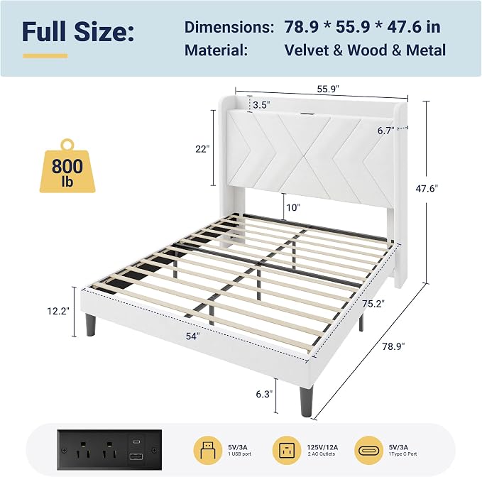 Allewie Full Size Platform Bed Frame with Charging Station and Storage Shelf/Upholstered Velvet Wingback Headboard/Wooden Slats Support/No Box Spring Needed/Easy Assembly, White