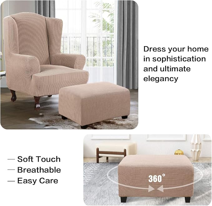 H.VERSAILTEX Ottoman Cover Slipcover Rectangle Fit Length 33"-38" Footrest Sofa Slipcovers Stool Cover Footstool Protector Covers Feature Stretch Thick Soft Jacquard Fabric Removable Washable - Sand