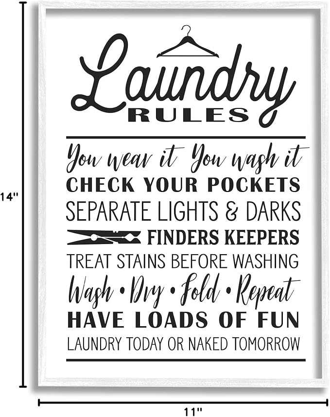 Stupell Industries 'Laundry Rules with Hanger Typography', Framed Giclee Art, White, 11 x 14 Inches, Easy to Hang and Sturdy, Made in USA, by Lettered and Lined