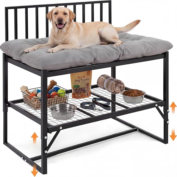 Leinuosen Adjustable Bedside Dog Bed for Large Dogs, 44"x39" Metal Co Sleeper Frame with Storage Shelf, Washable Cushion, 300 lb Capacity, Black