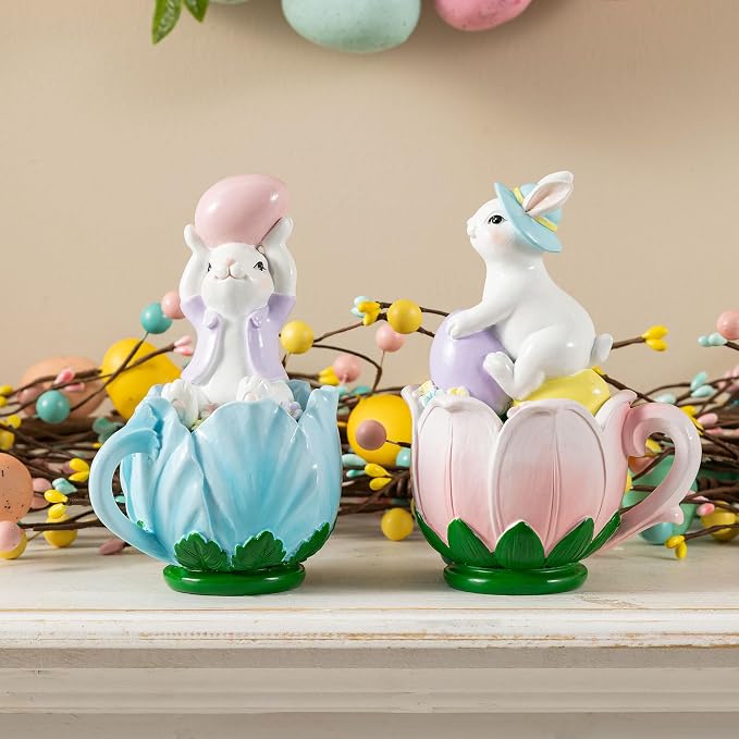 Glitzhome Easter Decorations Bunny Figurine, Set of 2 Resin Rabbit Tabletop Centerpiece Sitting on Tulip Mug with Colorful Egg for Spring Home Indoor & Outdoor Decor