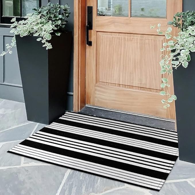 OJIA Front Door Mat 24"x35" Black and White Outdoor Rugs Front Door Rug | Washable Entryway Rug Cotton Woven Indoor Outdoor Doormat Small Area Rugs Layered Doormat for Porch/Outside Entrance Decor