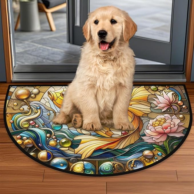 Fish Half Round Door Mat Semi Circle Rug Half Moon Doormat | Soft Washable Glass Lotu Welcome Entrance Mat for Outdoor Indoor Floor Bedroom Bathroom Home Kitchen Festival Decor