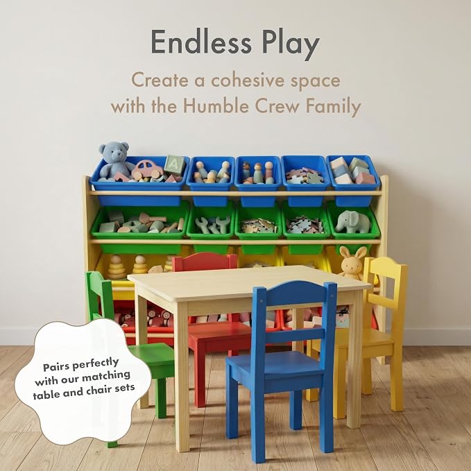 Humble Crew Kids Toy Organizer with 20 Bins, 4 Tier Storage for Playroom | Sturdy wood and steel toddler shelf, removable BPA-free containers, wall anchor anti-tip safety kit for bedroom or classroom