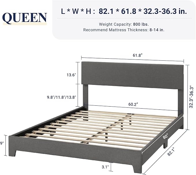 Allewie Queen Size Upholstered Bed Frame Adjustable Headboard, Dark Grey | Platform Bed with Heavy Duty Mattress Foundation, Noise-Free, Easy Assembly, Wood Slat Support, No Box Spring Needed