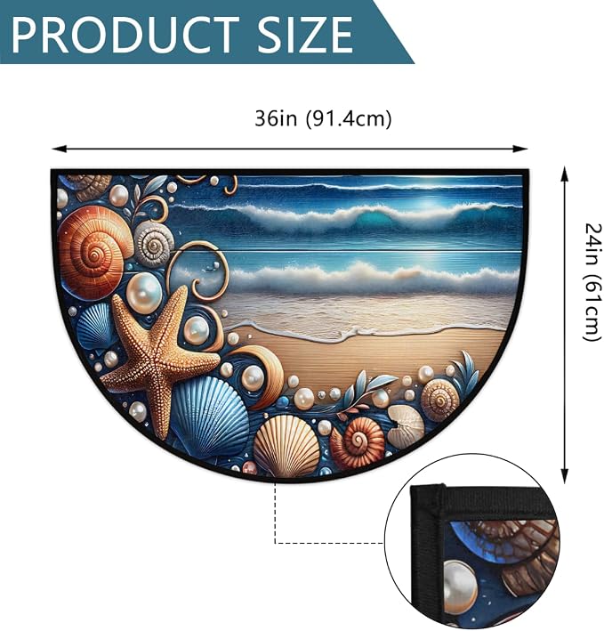 Beach Sea Shell Half Round Door Mat Non-Slip Semi Circle Rug Washable Half Moon Floor Rug Absorbent Bathroom Area Rugs for Outdoor Indoor Fireplace Mat Entryway Kitchen Decor Rugs