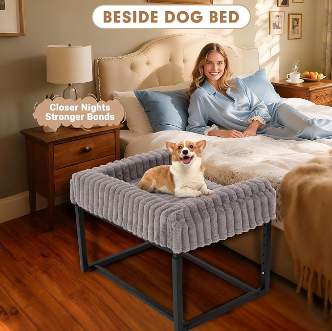 Beside Dog Bed, Adjustable Height Dog Bunk Beds, 27.5''x 18''Metal Dogs Bed Frame with Washable Removable Corduroy Cover, Memory Foam Pet Bed with Sides, for Small Dogs & Cats