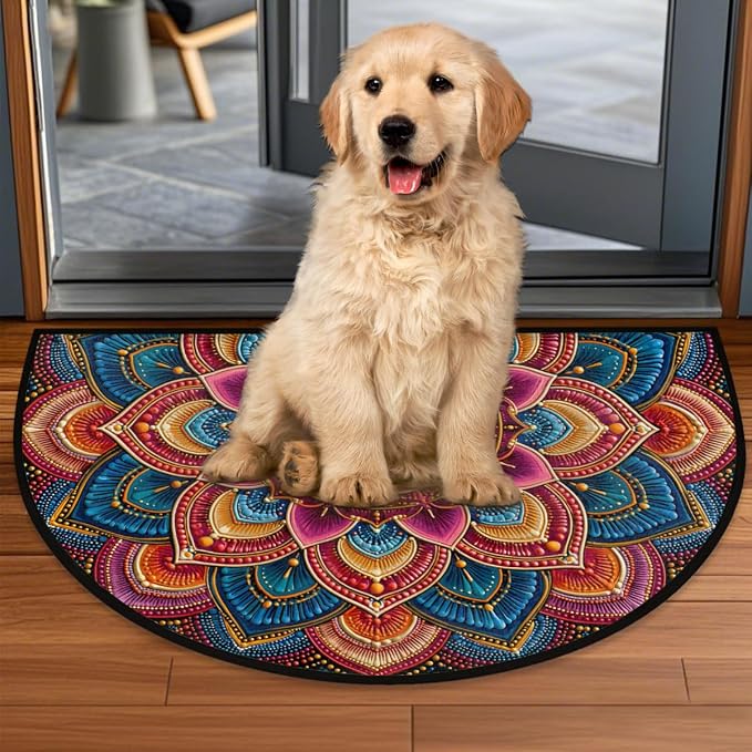 Mandala Half Round Door Mat Semi Circle Rug Half Moon Doormat | Soft Washable Colorful Geometric Welcome Entrance Mat for Outdoor Indoor Floor Bedroom Bathroom Home Kitchen Festival Decor