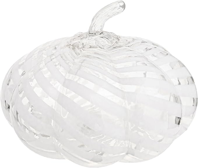 Boston International Handblown Art Glass Pumpkin Thanksgiving Halloween Decorations for Home, Small, White Swirl