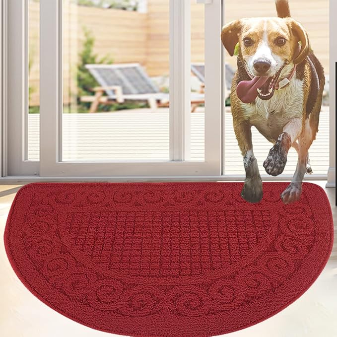 Red Door Mat 18"X30",Non Slip Machine Washable Entryway Rug for Front/Back Door,Half Circle Absorbent Low Profile Entrance Floor Mat for 4th of July Patriotic Muddy Wet Shoes and Paws