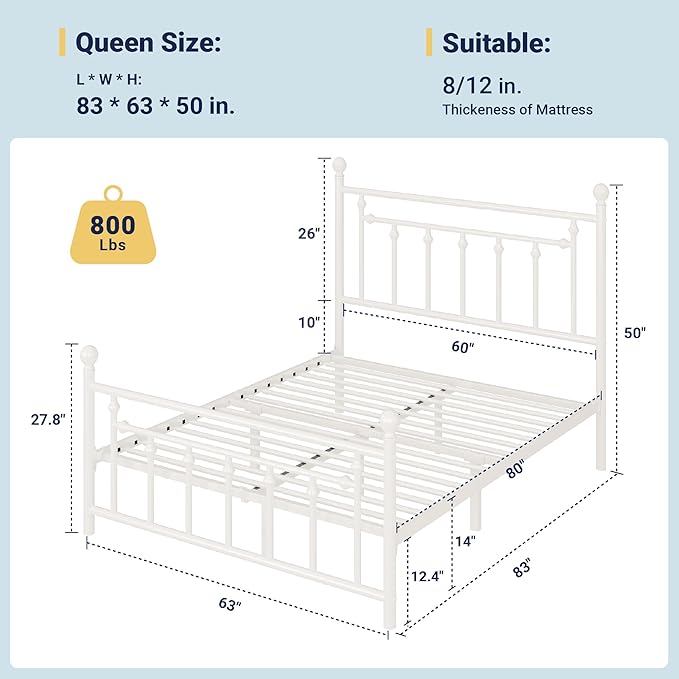 Allewie 14'' Queen Size Metal Platform Bed Frame, Vintage Headboard, White | 50'' Tall Victorian Headboard/Footboard/Mattress Foundation/Under Bed Storage/No Box Spring Needed/Easy Assembly/Noise Free