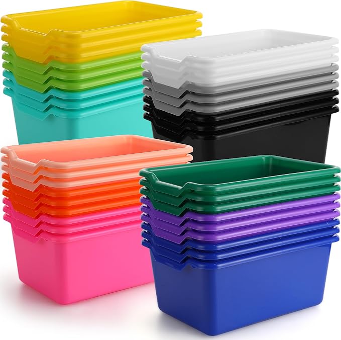 Dandat 36 Pcs Plastic Book Bins for Classroom Library Colorful Scoop Front Cubby Bins Stackable Toy Storage Containers with Handles for School Home Office Nursery Daycare (Bright Color)