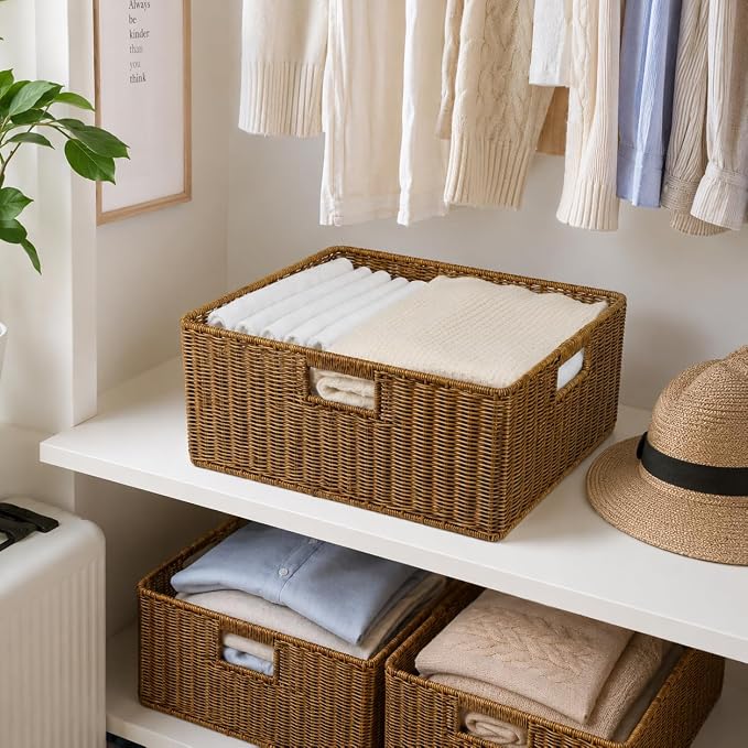 Waterproof Wicker Storage Basket with Handles, Extra Large, Brown | 16.5 x 13 x 7.5 Inch Basket, Shelf Organizer, Rectangular Woven Bin, Towel and Blanket Storage, Home Decor