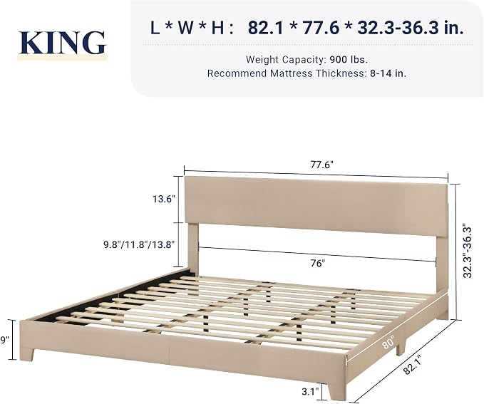 Allewie King Size Upholstered Bed Frame Adjustable Headboard, Beige | Platform Bed with Heavy Duty Mattress Foundation, Noise-Free, Easy Assembly, Wood Slat Support, No Box Spring Needed