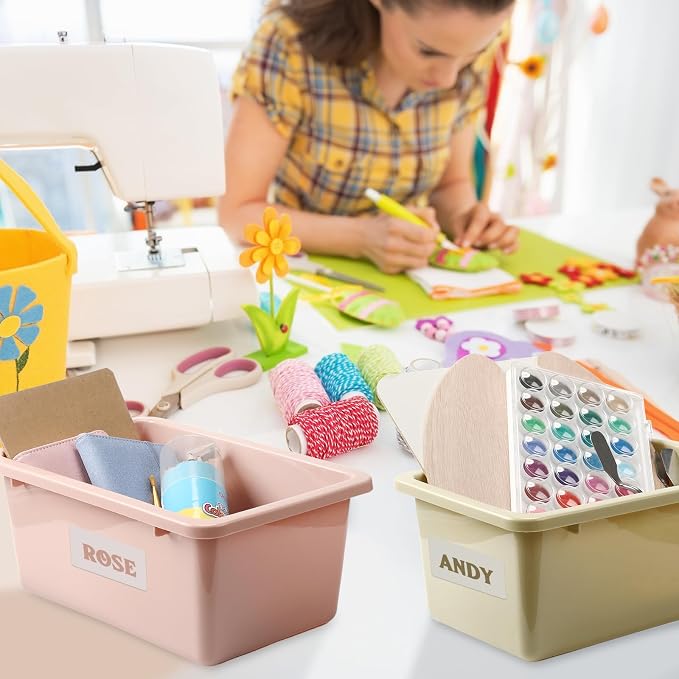 Thyle 12 Pieces Plastic Cubby Bins with Labels Classroom Book Bins Stackable Storage Container Durable Toy Storage Organizer Baskets for School Classroom Office (Simple,Morandi Color)