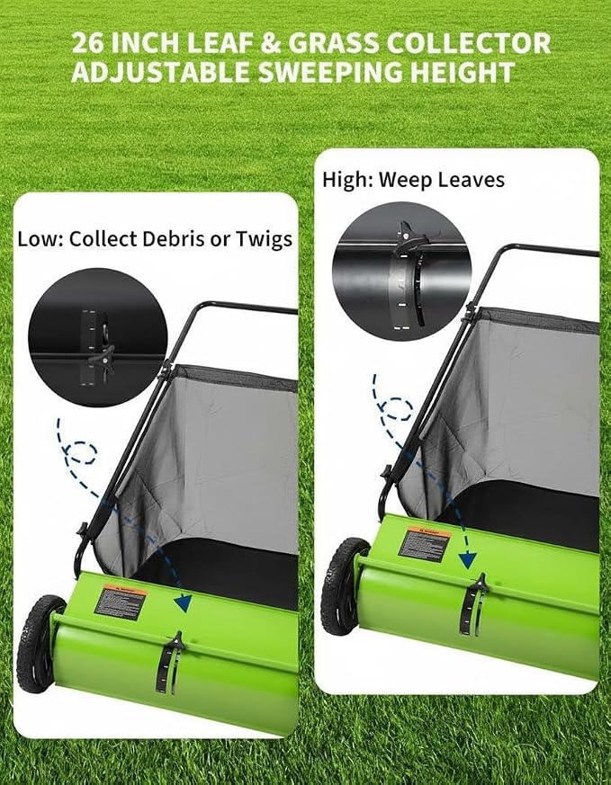 26-Inch Push Lawn Sweeper,7 Cu. Ft. Large Capacity Collection Bag,4 Spinning Brushes, Adjustable Height, Durable Steel Frame with Rubber Wheels, for Grass, Leaves & Debris Collector On All Terrains