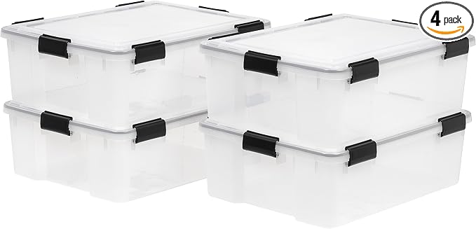 IRIS USA 4-Pack 41 Qt Storage Bins with Gasket Lids, Clear/Black | WeatherPro seal helps protect bulky items for moving, garage, attic and basement storage