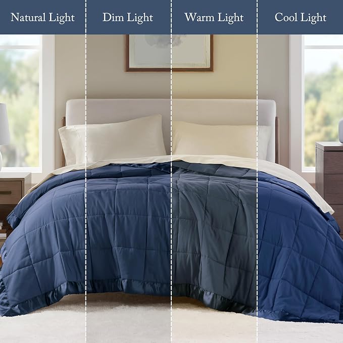Madison Park Down Alternative Twin Size Blanket for Bed, Satin Trim, Navy | Lightweight Windom Blanket Premium 3M Scotchgard Moisture Wicking Treatment, OEKO TEX, Soft Bed Cover, All Season