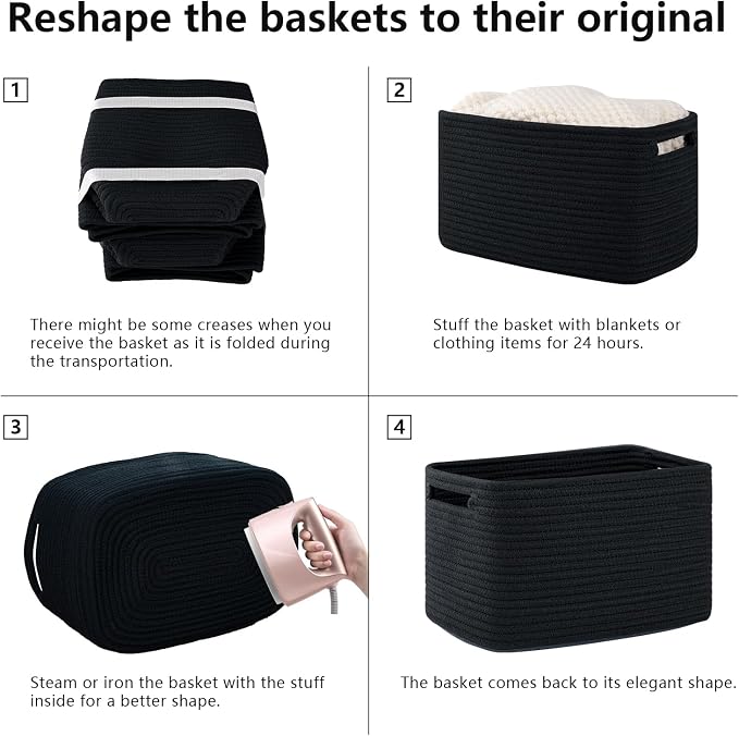 OIAHOMY 4 Pack Storage Baskets for Organizing, Cube Storage Bins for Shelves, Rectangle Storage Baskets With Handles, Woven Baskets for Storage, 12.7''Lx9''Wx7.8''H, Black