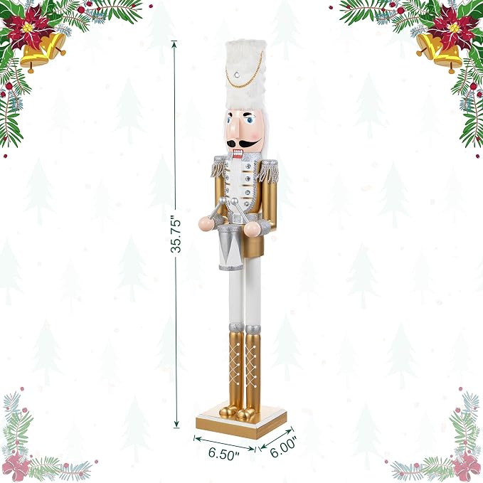 Glitzhome Nutcracker Christmas Decorations 35.75 Inch Wooden Nutcracker Soldier with Drum Sticks for Xmas Holiday Decor Porch Gateway