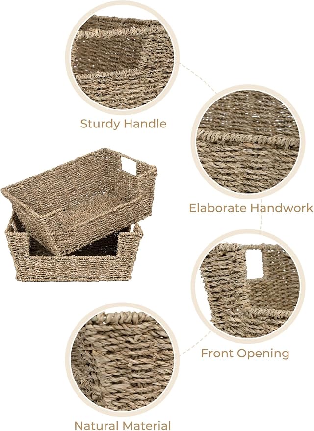 StorageWorks Wicker Storage Basket for Pantry Organizers and Storage, Stackable Seagrass Pantry Baskets for Shelves, 2-Pack