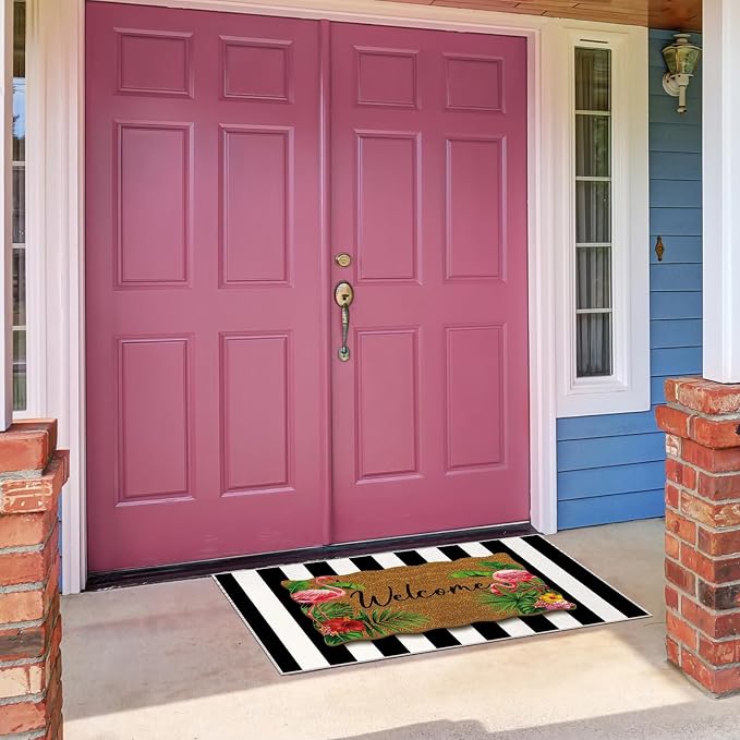 Fourluoo 2 Piece Summer Door Mat Combo Set 100% Coco Coir Tropical Flamingo Welcome Mat and 28 x 40 Inch Black White Striped Rug Layering Front Door Rug for Entrance Front Porch Outdoor Decor Gifts