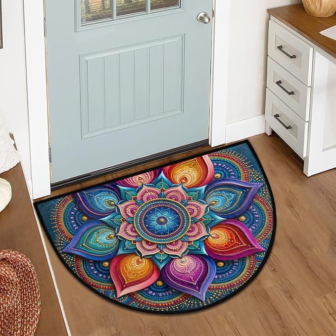 Mandala Half Round Door Mat Semi Moon Rug Fireplace Carpet Area Rugs | Rainbow Lotu Non Slip Absorbent Half Circle Mat Carpet for Indoor Outdoor Patio Kitchen Bathroom Entryway Home Decor