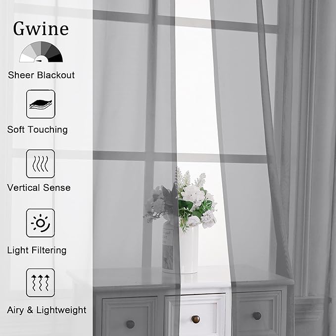 Gwine Charcoal Grey Sheer Curtains 108 Inches Long 2 Panels Set, Voile Light - Image 2