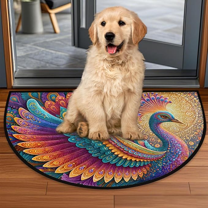 Peacock Half Round Door Mat Semi Circle Rug Half Moon Doormat | Soft Washable Mandala Decorative Welcome Entrance Mat for Outdoor Indoor Floor Bedroom Bathroom Home Kitchen Festival Decor