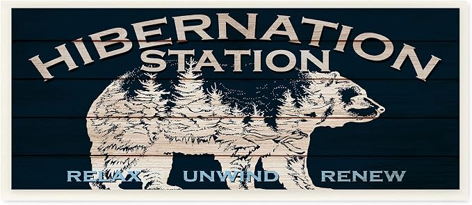 Stupell Industries Hibernation Station Sign Wilderness Bear Trees Silhouette, Design by Kim Allen