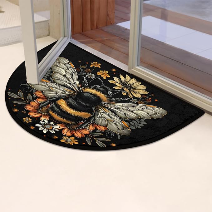 Half Round Doormat Bee Flower Black Washable Semi Circle Mat Non Slip Absorbent Half Moon Rugs for Indoor Outdoor Entrance Kitchen Bathroom Bedroom Patio Fireplace Floor Carpet Decor