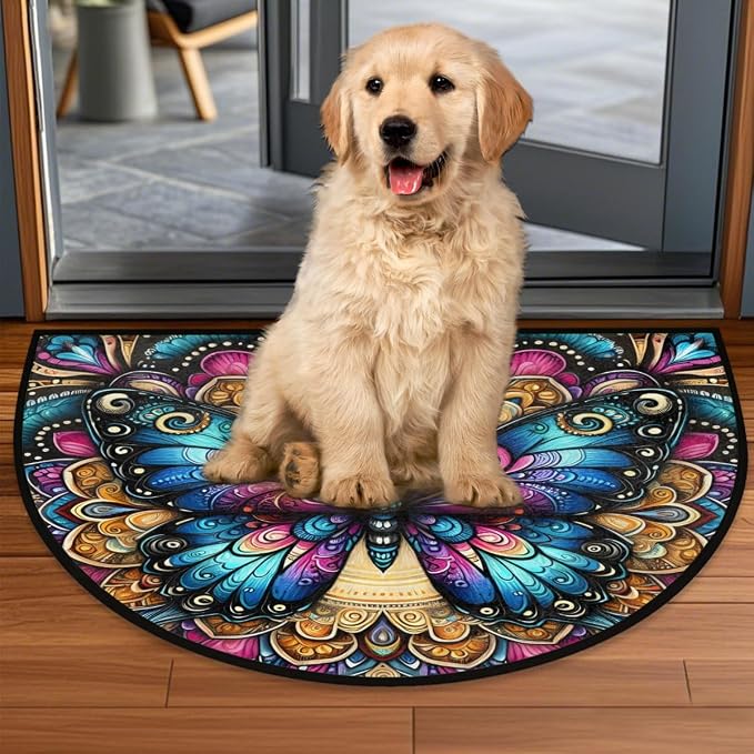 Butterfly Half Round Doormat Semi Circle Rug Half Moon Rug Entryway Mat | Boho Butterfly Washable Non Slip Outdoor Floor Rug Kitchen Mat for Indoor Outdoor Bathroom Fireplace Bath Decor