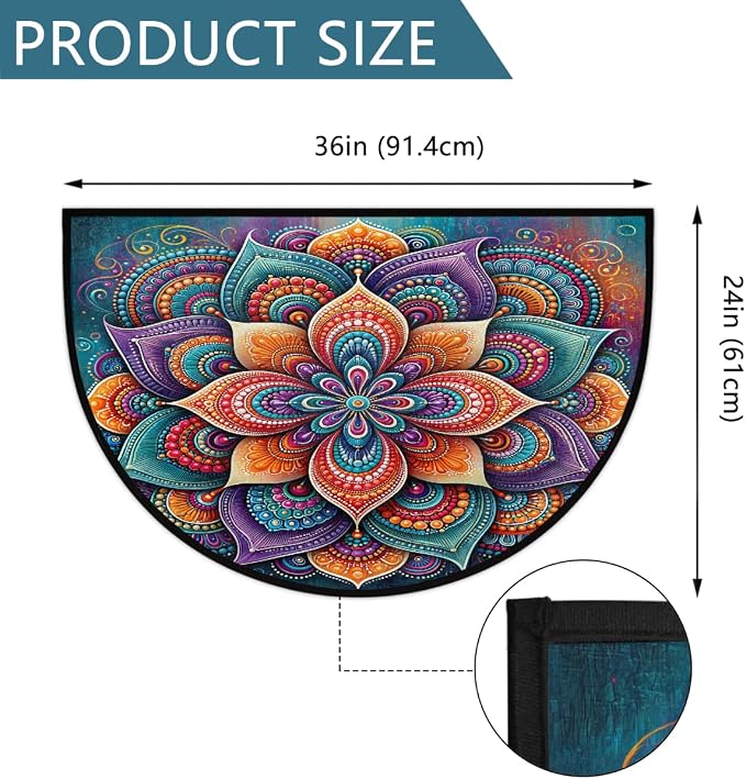 Lotu Half Round Door Mat Semi Moon Rug Fireplace Carpet Area Rugs | Abstract Mandala Non Slip Absorbent Half Circle Mat Carpet for Indoor Outdoor Patio Kitchen Bathroom Entryway Home Decor