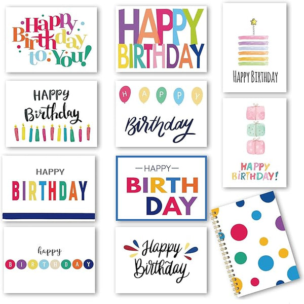 100 Birthday Cards, Happy Birthday Cards Bulk with Short Message Inside, 5x7 Inch Thick Card Stock Assorted Birthday Cards with Envelopes,10 Unique Designs for Men and Women.
