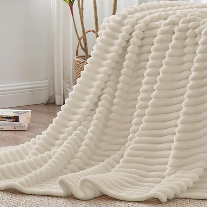 BEDELITE Blankets Queen Size for Bed, 300GSM Soft & Warm Fleece Blanket, Decorative and Giftable Striped Beige Blankets for Women, Men, 90"x90"