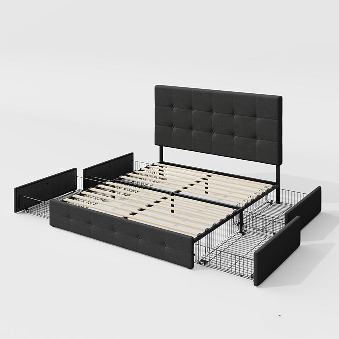 Allewie Upholstered Queen Size Platform Bed Frame with 4 Storage Drawers and Headboard, Square Stitched Button Tufted, Mattress Foundation with Wooden Slats Support, No Box Spring Needed, Dark Grey