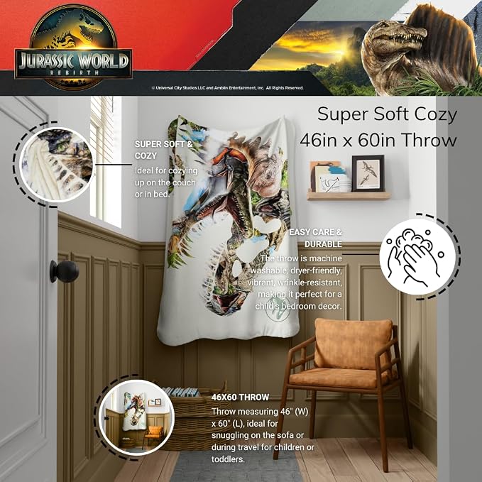 Jurassic World Rebirth Kids Bedding Super Soft Plush Throw Blanket, 46 in x 60 in, (Officially Licensed Product) By Franco