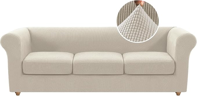 H.VERSAILTEX 4 Piece Stretch Chesterfield 3 Cushion Couch Cover Mid Century Deep Seat Sofa Covers (Base Cover Plus 3 Seat Cushion Covers) Thicker Jacquard Fabric (Large Sofa, Island Fossi)