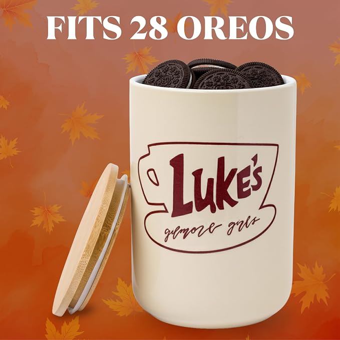 Silver Buffalo Gilmore Girls Wax Resist, Ceramic Cookie Jar, Bamboo Lid | Luke's Cafe Logo, 5 x 5 x 6.5 Inches