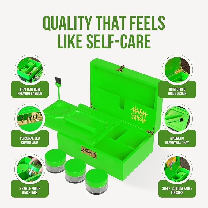 HASHSTASH The OG Storage Box - Large Bamboo Box with Combination Lock, Magnetic Lid, Organizer Tray, Airtight Tube and 3 Jars - Discreet Decorative Locking Wooden Box with Accessories (Neon Green)