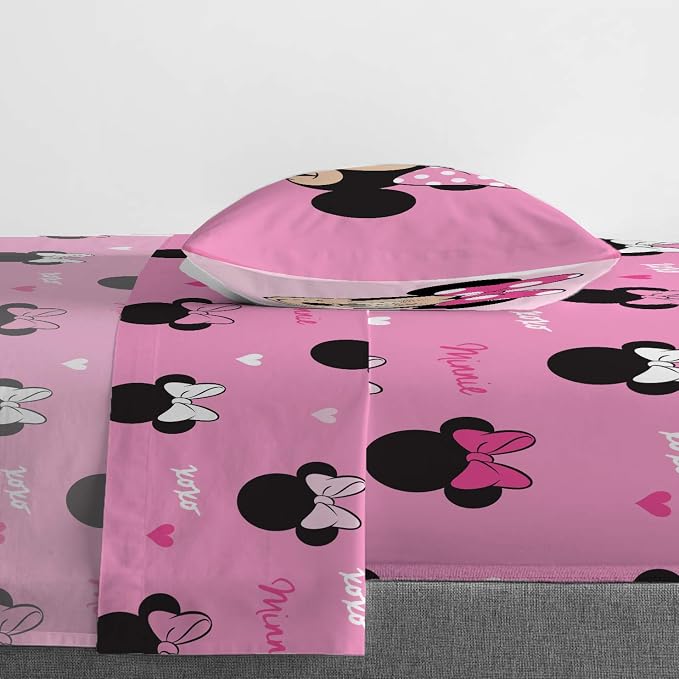 Jay Franco Disney Minnie Mouse Kids Twin Sheet Set - Super Soft Microfiber | 3 Piece Deep Pocket Fitted, Flat & Pillowcase, Breathable, Machine Washable, Girls Bedding (Official Disney Product), Pink
