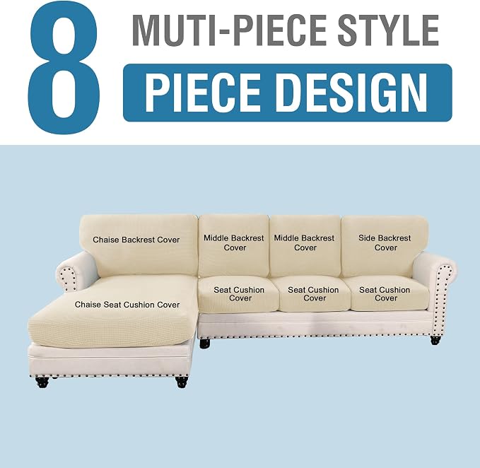H.VERSAILTEX Sectional Couch Covers 8 Pieces Stretch Sofa Covers for Sectional Sofa Set Separate L Shaped Couch Cover for Both Left/Right Couch (Seat and Back: 1 Chaise + 3 Sofa, Natural)