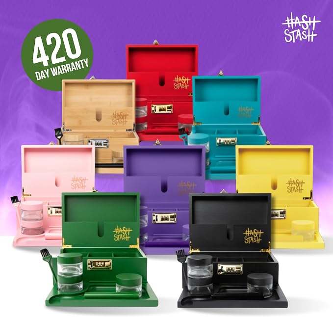 The OG Stash Storage Box - Large Bamboo with Combination Lock, Magnetic Lid, Organizer Tray, 3 Jars and Brush - Portable Decorative Wooden Lock Box Kit with Accessories (Purple/Gold)